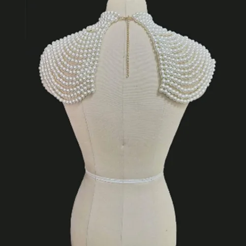 Vista 5 de Collar de gargantilla con cuentas de perlas de imitación para mujer, collar de chal de cadena para el cuerpo, Madera, Perla
