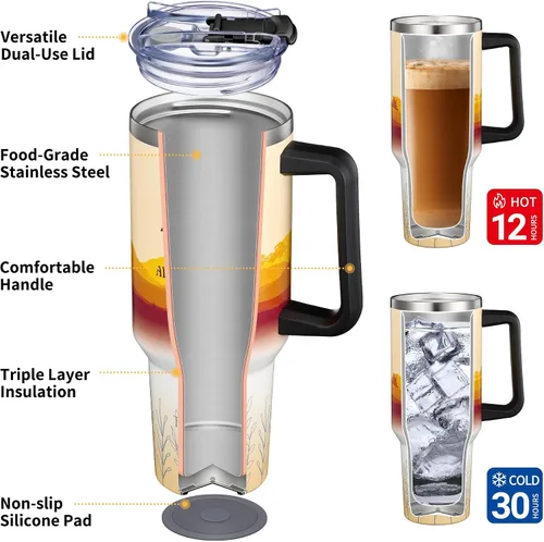 Vista 3 de THILY Vaso de 40 onzas de acero inoxidable con asa - Taza de viaje con aislamiento al vacío, tapa a prueba de salpicaduras y a prueba de fugas, 2