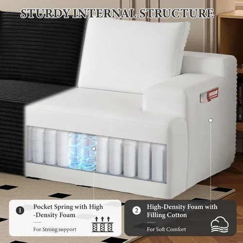Vista 4 de Sofá modular moderno de 96 pulgadas para sala de estar, sofá modular tapizado sin hueso con bolsillos, cómodo sofá nube con diván en forma de L Negro