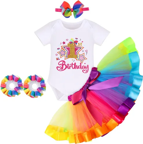 Vista 46 de IBAKOM Conjunto de ropa de 3 piezas para bebé niña de 1er cumpleaños + tutú de tul de princesa arcoíris + diadema con lazo, conjunto de ropa de 3