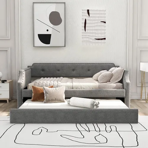 Vista 3 de Sofá cama tapizado de tamaño individual con nido, soporte de listones de madera, sofá cama con marco tapizado, gris