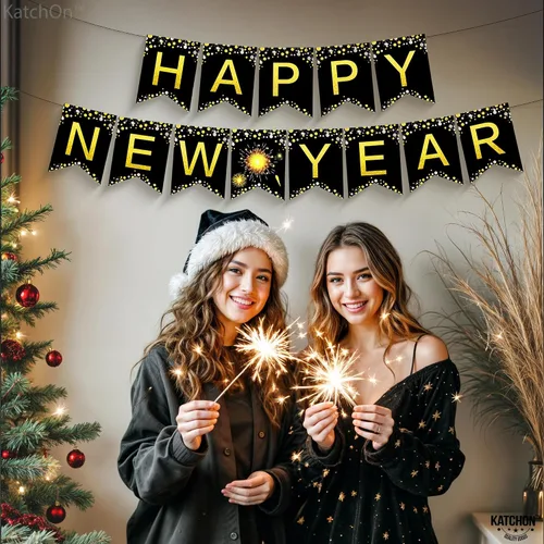 Vista 3 de KatchOn, Cartel grande de feliz año nuevo, 10 pies, sin bricolaje Fondo de feliz año nuevo para suministros de fiesta de Nochevieja 2026 Cartel