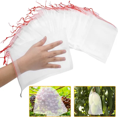 Vista 6 de Kikhope 100 bolsas de protección de frutas, bolsas de red de jardín de 6 x 4 pulgadas con cordón, bolsas de red de frutas, bolsas de barrera de red