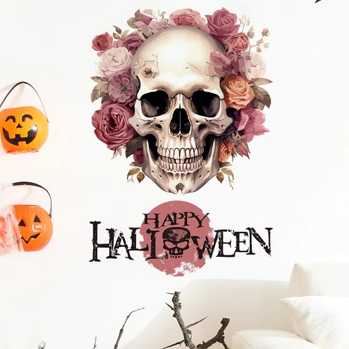 Vista 2 de Calcomanías de pared de calavera de flores de Halloween, calcomanías de pared de arte de terror de Halloween, vinilo extraíble para Halloween
