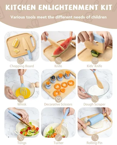 Vista 2 de Juego de cocina Montessori de madera para niños, herramientas de cocina reales y utensilios para hornear, kit de cocina de 15 piezas para niños