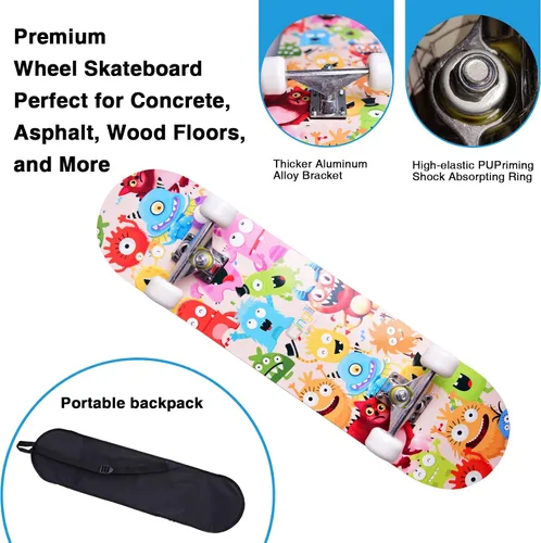 Vista 4 de Patinetas para principiantes, niños, niñas y adultos, 31 x 8 pulgadas, 7 capas de arce, cóncavo de doble patada, fascinante fresco, sólido y duradero