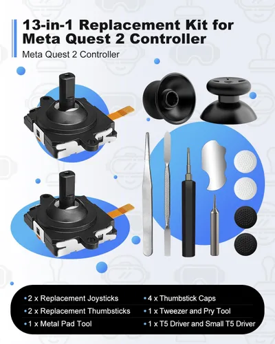 Vista 7 de 13-in-1 Replacement Kit for Oculus Quest 2 ControllerMeta Quest 3 Controllers Joysticks, Thumbstick, Screwdriver, Tweezer, and Pry Tool for Oculus