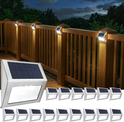 Vista 12 de Luces solares de cubierta brillante 3 luces LED de escalera impermeables para valla de acero inoxidable al aire libre lámpara solar para patio