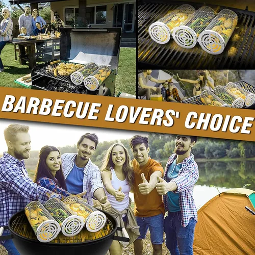 Vista 5 de Cesta enrollable para parrilla de acero inoxidable, cesta para parrilla con cubierta de malla extraíble, accesorios para barbacoa, cestas