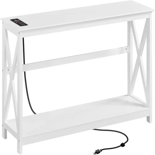 Vista 9 de Yaheetech Mesa consola con tomas de corriente y puertos USB, mesa de entrada con estantes de almacenamiento, mesa de sofá estrecha larga con diseño