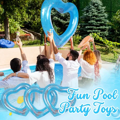 Vista 4 de Flotador inflable de 3 piezas de corazón para piscina, anillos de natación inflables con purpurina, despedida de soltera, tubo flotador, anillo