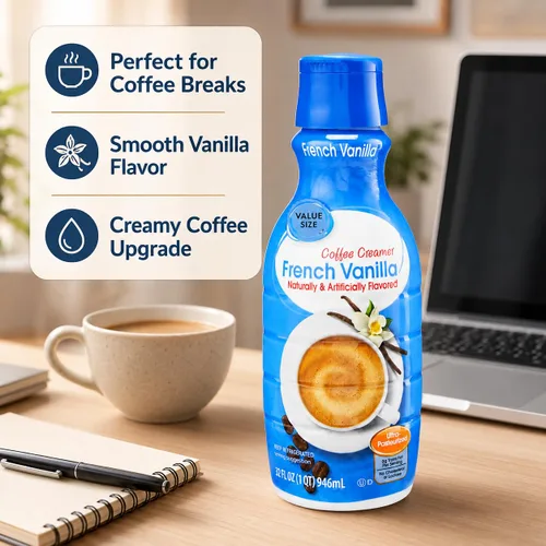 Vista 3 de Crema de café de vainilla francesa, botella de 32 onzas líquidas, crema líquida dulce y cremosa para café con cuchara de gemas de café D.A.