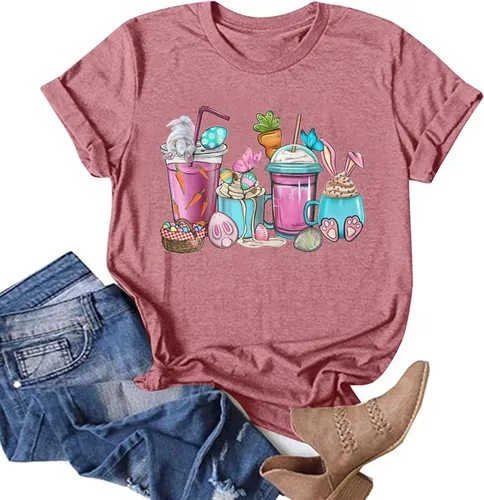 Vista 3 de Camisetas de manga corta con cuello redondo para mujer, estilo casual, para el día de Pascua