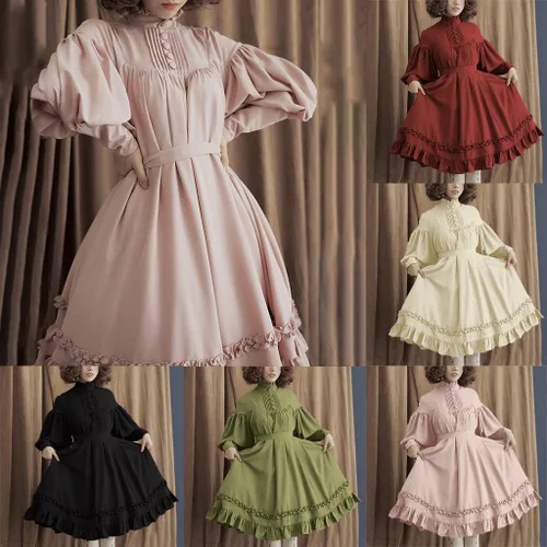 Vista 5 de Vestido gótico de Lolita para mujer, vintage, dulce, lindo vestido de retazos con mangas de farol, vestido renacentista con volantes y lazo