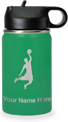Vista 64 de LaserGram Botella de Agua Personalizada, Basketball Slam Dunk Man, Acero Inoxidable de Doble Pared con Aislamiento al Vacío con Pajita Abatible