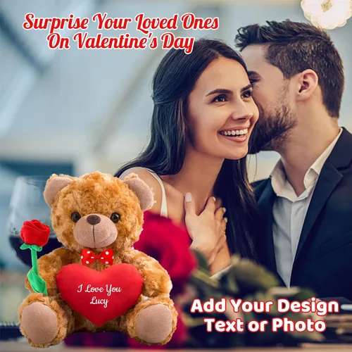 Vista 5 de Oso de peluche personalizado con foto y texto personalizado en el corazón, oso de peluche de San Valentín con lazo y rosa como regalo Im Sorry