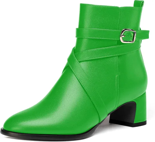 Vista 15 de WAYDERNS Botas altas de tobillo con hebilla casual para mujer, con correa de tobillo sólida mate, tacón bajo y grueso, 2 pulgadas