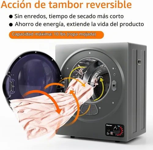 Vista 3 de COSTWAY Secadora de Ropa Compacta, Secadora de Ropa Portátil Eléctrica de 110V con Tambor de Acero Inoxidable, Panel de Control en la Parte Inferior