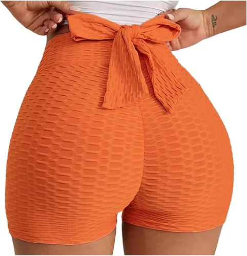 Vista 4 de Pantalones cortos sexys para mujer, pantalones cortos de cintura alta con lazo, leggings cortos con textura de burbujas para entrenamiento