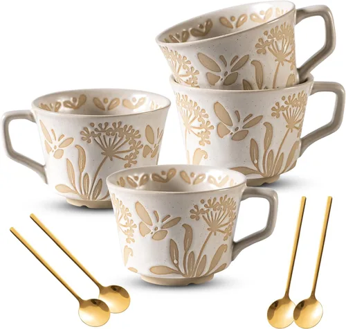 Vista 10 de Juego de 4 tazas de café con cuchara dorada, taza de cerámica pintada a mano de estilo antiguo de 11 onzas para hombres y mujeres, regalos únicos