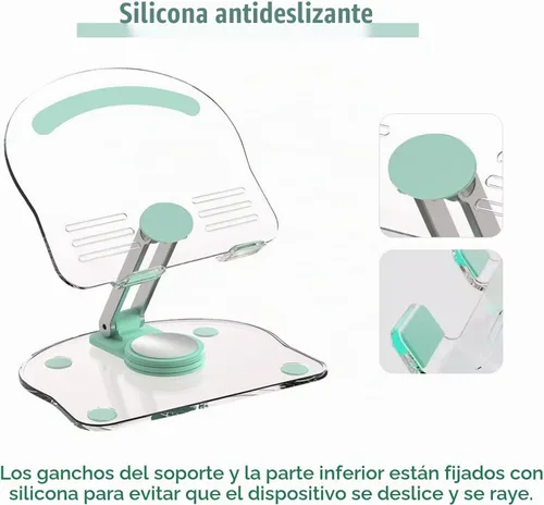 Vista 3 de Soporte acrílico para tablet con base giratoria de 360°, soporte plegable ajustable transparente para escritorio, oficina en casa, compatible