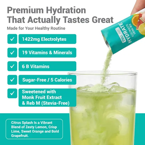 Vista 2 de TRULABS Hydrate - Mezcla de bebida con electrolitos – Sabor cítrico Splash, paquetes de hidratación sin azúcar con electrolitos de 1422 mg y 19