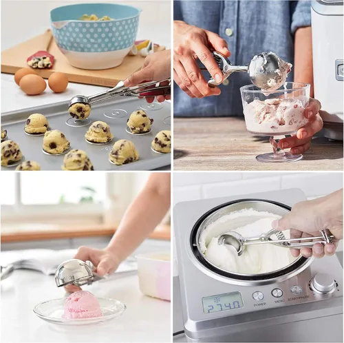 Vista 4 de Cuchara para helado, juego de 3 cucharas para galletas, cuchara de helado de acero inoxidable con liberación de gatillo, cuchara de galletas
