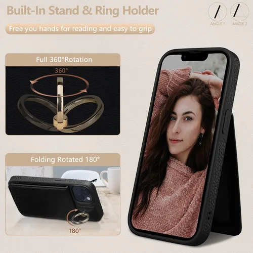 Vista 5 de Funda para iPhone 12 Pro/12, 6.1'', Funda Cartera Cruzada Desmontable con Ranuras para Tarjetas con Bloqueo RFID, Anillo de Soporte 360, Funda Negro