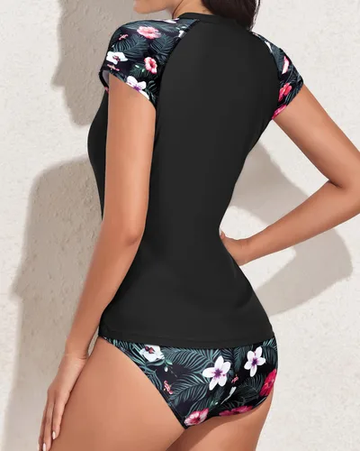 Vista 3 de Holipick Traje de baño de dos piezas de manga corta de manga corta Rash Guard Cap traje de baño con cremallera traje de baño Bulid in Bra Swim Shirt