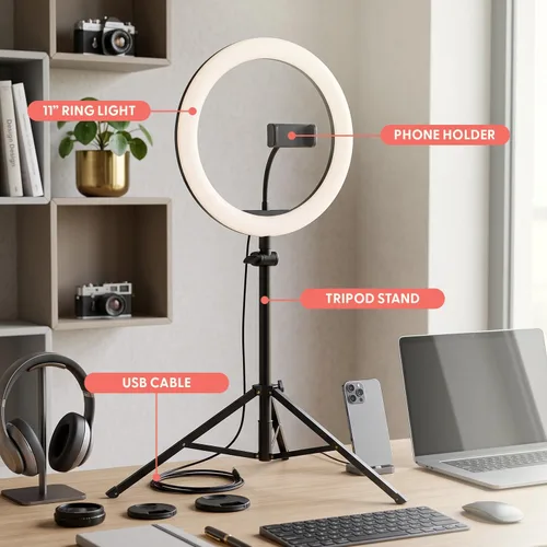 Vista 13 de SQUATZ Anillo de luz LED de 11 pulgadas para selfie de 12 W con control por cable, 3 modos de color, 10 niveles de brillo, soporte de trípode con 6