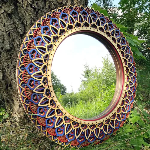 Vista 5 de BHDecor Espejo para decoración de pared para el hogar, marco tallado con láser de varias capas, elegante mandala de madera para colgar, paneles