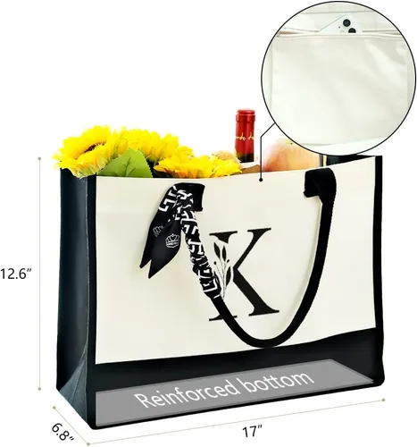 Vista 6 de CROWNED BEAUTY Bolsa de lona con bolsillo con cremallera, regalo personalizado para mujeres, monograma bordado con letra inicial K CT37-K