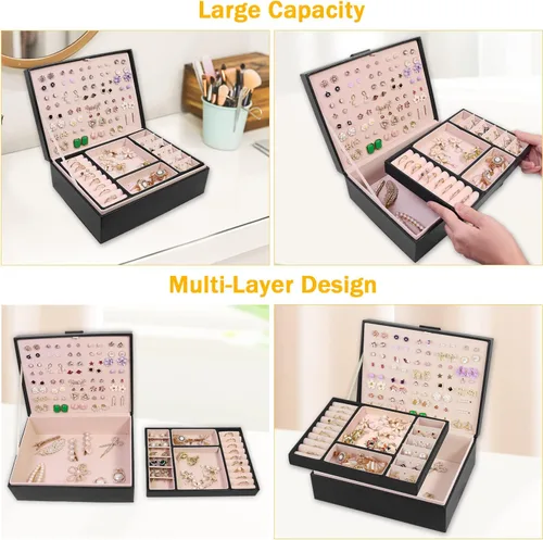 Vista 4 de Joyero organizador para mujer, organizador de aretes, cajas de almacenamiento de joyas multicapa, regalo ideal, aretes de piel sintética, caja