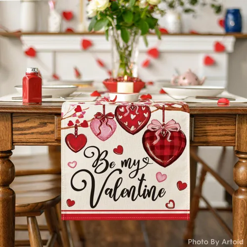 Vista 2 de Artoid Mode Camino de mesa de San Valentín con diseño de corazón a rayas, decoración de mesa de comedor para decoración de fiesta del hogar, 13 x 72