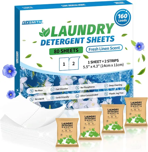 Vista 15 de FIXSMITH Hojas de detergente para ropa – 60 cargas (30 hojas) aroma de lino fresco – hipoalergénicas, ecológicas, hojas de jabón de lavandería ultra