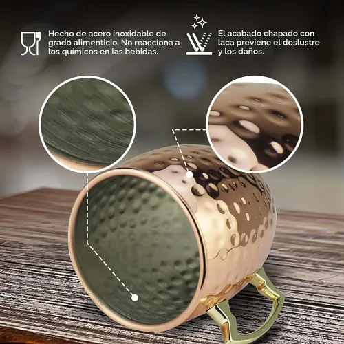 Vista 3 de PG Moscow Mule Tazas – Tamaño grande 19 onzas – Juego de 2 tazas martilladas – Forro de acero inoxidable – Chapado en cobre puro – Mango de latón