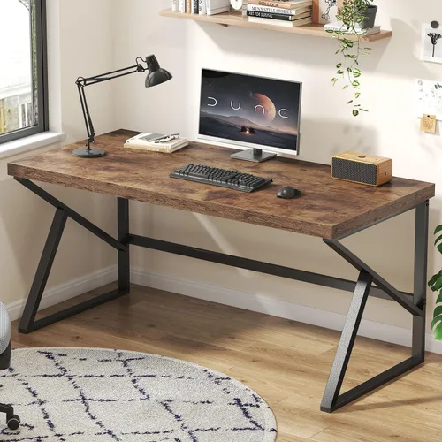 Vista 12 de HSH Escritorio para oficina en casa, escritorio industrial de metal y madera para computadora para PC, portátil, trabajo, escritura, estudio