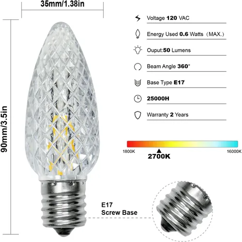 Vista 2 de Paquete de 25 bombillas LED C9 de repuesto para Navidad, bombillas LED C9 inastillables de 0.6 W para tira de luces de Navidad, base intermedia E17