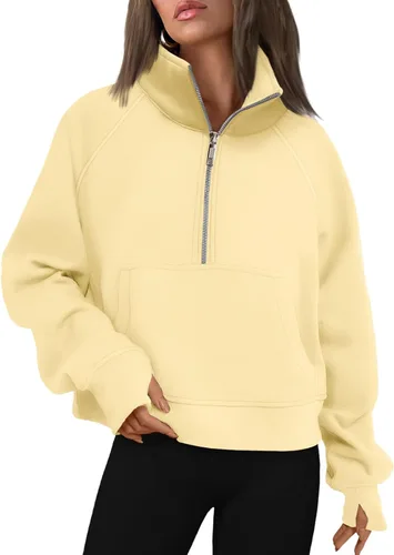 Vista 37 de AUTOMET Sudaderas con media cremallera para mujer, sudadera corta de vellón con cremallera de un cuarto, sudaderas con capucha para el otoño, a
