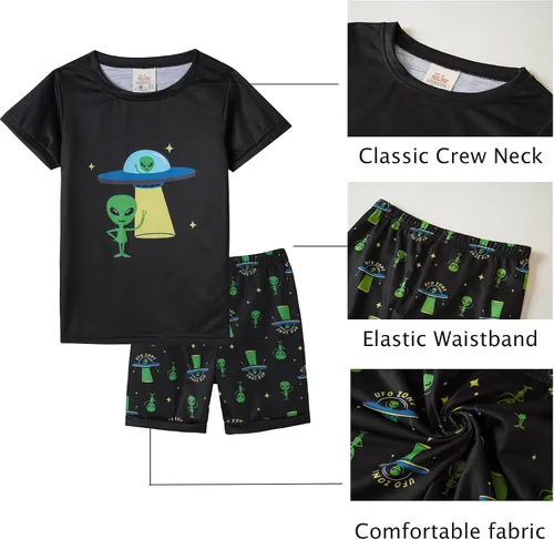 Vista 5 de MyFav - Pijamas para niños grandes de 2 piezas, pantalones cortos, lindos dibujos animados, ropa de dormir 4 piezas Alien