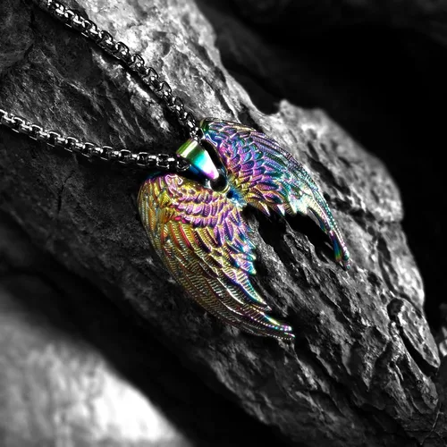 Vista 5 de bahamut Collar colorido de alas de ángel de la guarda para mujeres, hombres y mujeres, cadena colgante de acero inoxidable, amuleto de protección