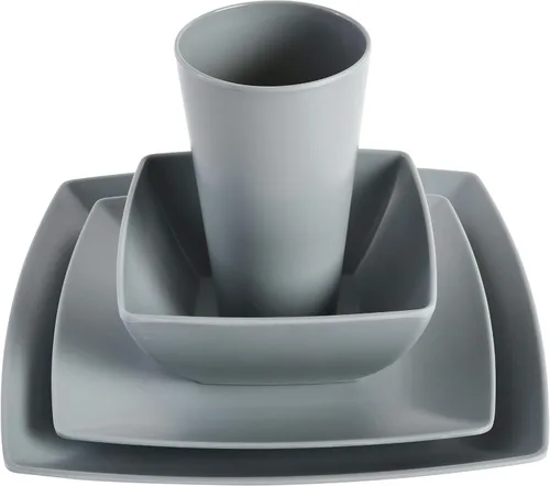 Vista 3 de Gibson Home Soho Grayson - Vajilla cuadrada de melamina para cuatro personas (16 unidades), color gris