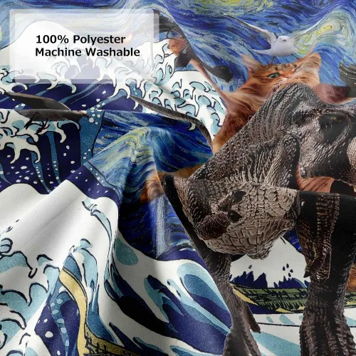 Vista 5 de Divertido juego de cortina de ducha con diseño de gato, dinosaurio japonés con ondas oceánicas, cortinas de baño divertidas para niños, decoración
