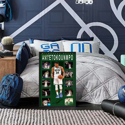 Vista 4 de Póster firmado de la superestrella del baloncesto Giannis Antetokounmpo para niños, decoración de pared, dormitorio, decoración de pared, lienzo