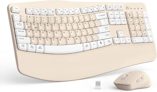 Vista 10 de Combo de teclado y mouse inalámbricos, teclas onduladas de tamaño completo 2.4G, teclado ergonómico con reposamuñecas, soporte para teléfono, mouse