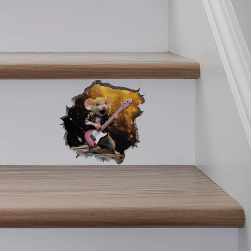 Vista 5 de Rock and Roll Mouse in Mouse Hole - Calcomanía de pared 3D con agujero de ratón