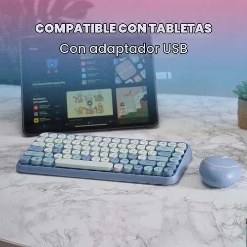 Vista 6 de Perixx PERIDUO-713BL Combo de Teclado y Ratón Inalámbrico Mini - Teclas Redondas Retro - Azul Pastel - Diseño de Teclado Inglés de EE. UU. (11909)