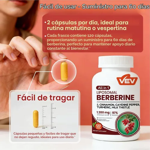 Vista 7 de VEV Suplemento de berberina con canela de Ceilán, pimienta de cayena, cúrcuma, cardo mariano, vegano y sin OMG, 120 cápsulas