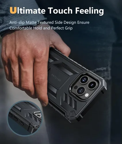 Vista 6 de FNTCASE Funda para iPhone 15-Pro-Max: Cubierta protectora resistente de grado militar a prueba de caídas para teléfono celular con soporte y Negro
