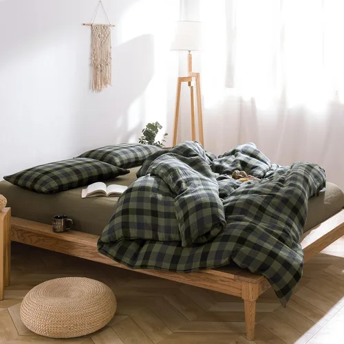 Vista 40 de VM VOUGEMARKET - Juego de funda de edredón a cuadros de tamaño individual XL, ropa de cama de color verde, gris y naranja, algodón lavado, con 2